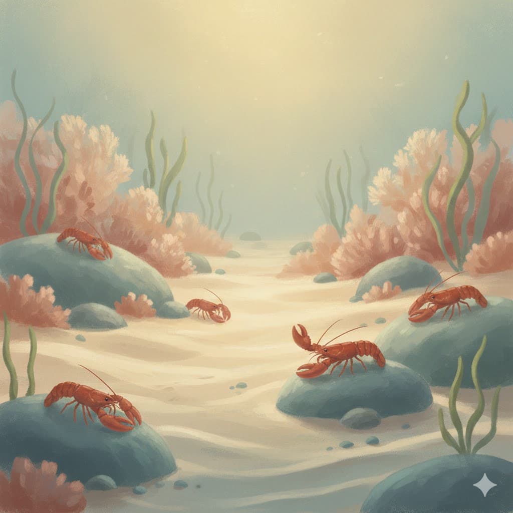 Underwater scene with lobsters